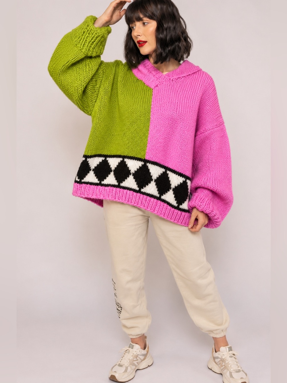 GOGO style hand crafted oversized sweater with hood and bold geometric pattern